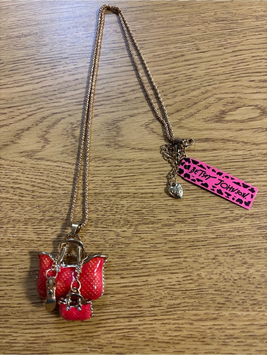 Betsey Johnson Jewelry - Betsey Johnson Gold-Tone Necklace with Bright Pink Bag Charms